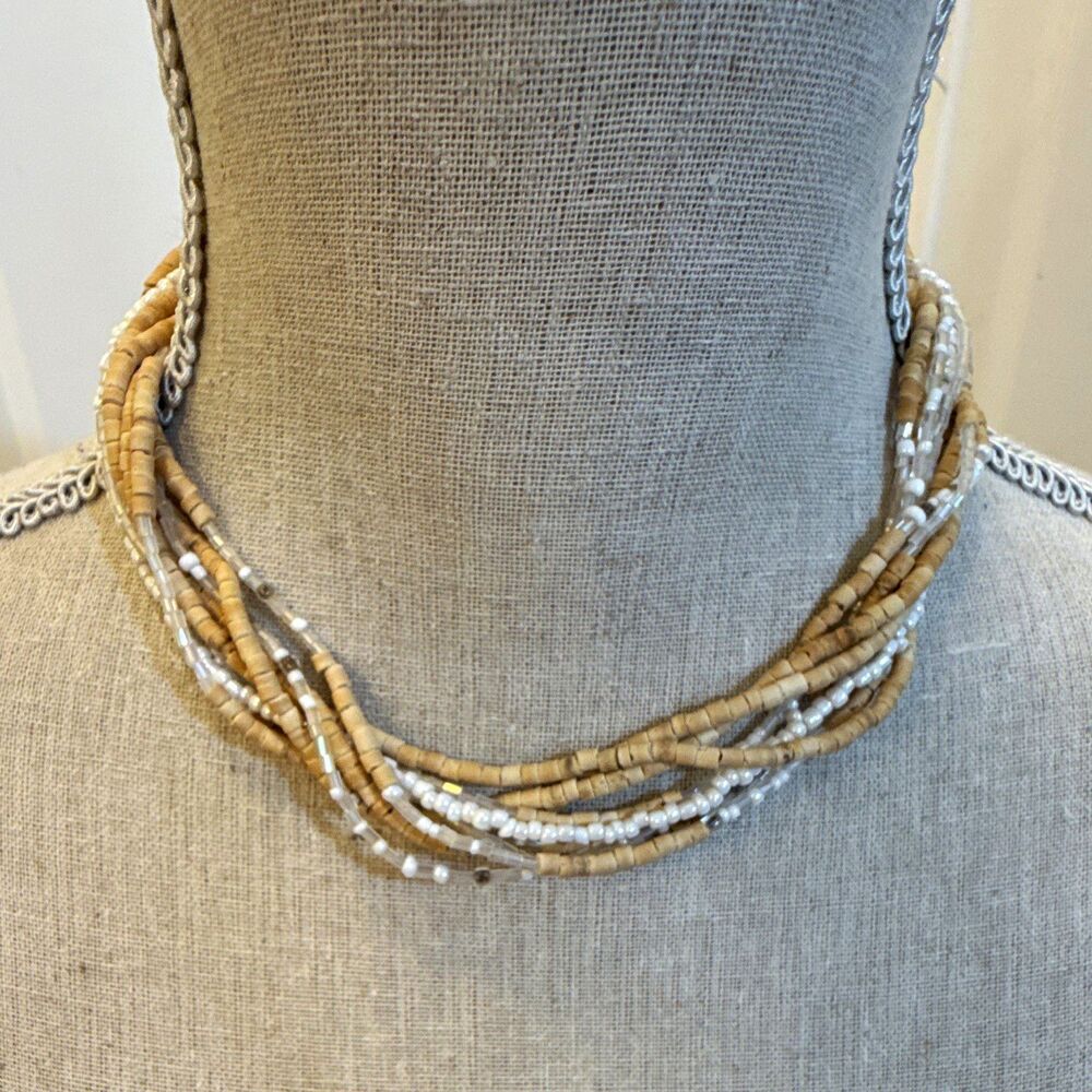 MULTI-STRAND WOOD & GLASS BEADED NECKLACE BEIGE/WHITE/CLEAR screw on 16 IN